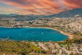 Bodrum Gumbet Bitez aerial view. Aegean Sea, traditional white houses, flowers, marina, sailing boats, yachts in Bodrum town Royalty Free Stock Photo