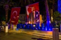 BODRUM, TURKEY: Huge blue letters of Bodrum, the sign and the name of the city of Bodrum at night.