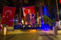 BODRUM, TURKEY: Huge blue letters of Bodrum, the sign and the name of the city of Bodrum at night.