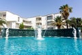 View of the fountain and swimming pool at the 5-star Samara Hotel, near Bodrum. Royalty Free Stock Photo