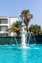 View of the fountain and swimming pool at the 5-star Samara Hotel, near Bodrum. Royalty Free Stock Photo