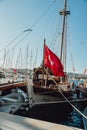 Bodrum. Turkey CIRCA 2022. Marina for yachts and ships with boats in Bodrum in the rays of an elephant sunset. Ideas for