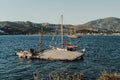 Bodrum. Turkey CIRCA 2022. Marina for yachts and ships with boats in Bodrum in the rays of an elephant sunset. Ideas for