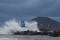 Bodrum Turkey. 15 January 2019: Southern windstorm in the Aegean sea. The waves exceeded over the breakwater Royalty Free Stock Photo