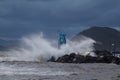 Bodrum Turkey. 15 January 2019: Southern windstorm in the Aegean sea. The waves exceeded over the breakwater Royalty Free Stock Photo