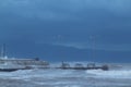 Bodrum Turkey. 15 January 2019: Southern windstorm in the Aegean sea. The waves exceeded over the breakwater Royalty Free Stock Photo