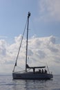 Young man hanging and repairs yacht mast