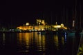 BODRUM, TURKEY: Landscape with a view of the ancient Fortress in Bodrum at night.