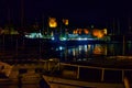 BODRUM, TURKEY: Landscape with a view of the ancient Fortress in Bodrum at night.