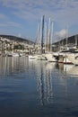 Sailboats and yachts reflecting on the calm waters of the Bodrum, Marina