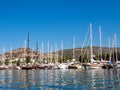 Bodrum bay in the early morning. Beautiful yachts are located along the coast. Many beautiful