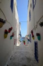 BODRUM, TURKEY - SEPTEMBER 24 2020: View of white narrow street and white building flowers in Bodrum city of Turkey.