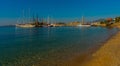 BODRUM, TURKEY: View of Bodrum Beach, Aegean sea, traditional white houses, marina, sailing boats, yachts in Bodrum. Royalty Free Stock Photo