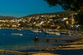 BODRUM, TURKEY: View of Bodrum Beach, Aegean sea, traditional white houses, marina, sailing boats, yachts in Bodrum. Royalty Free Stock Photo