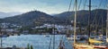 Bodrum, Turkey. View of Marina, Yachts and boats in the Aegean Sea. Oil painting Royalty Free Stock Photo