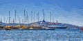 Bodrum, Turkey. View of Marina, Yachts and boats in the Aegean Sea. Oil painting Royalty Free Stock Photo