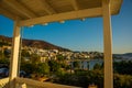 BODRUM, TURKEY: View of the white houses and the beach and the mountains in the city of Bodrum.