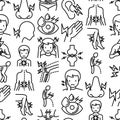 Body aches seamless pattern with thin line icons: migraine, toothache, pain in eyes, ear, nose, when urinating, chest pain,