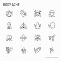 Body aches thin line icons set: migraine, toothache, pain in eye