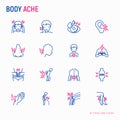 Body aches thin line icons set: migraine, toothache, pain in eye