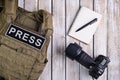 Body armor for journalist, notebook and camera Royalty Free Stock Photo