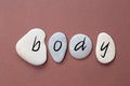 Body as a word on flat stones in natural color and shape. A letter in black color on each stone isolated against a brown backgroun