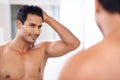 Body, bathroom mirror and happy man with hair check in house for skincare, wellness or morning routine. Hairline