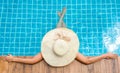 Body beautiful woman wear big hat relaxing on the swimming pool legs and feet in water pool in Luxury resort on weekends.Concept Royalty Free Stock Photo