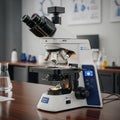 Body with black and blue accents. The microscope features a set of Royalty Free Stock Photo