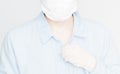 Body in blue shirt, protective mask and hand in white glove Royalty Free Stock Photo