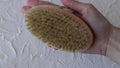 Body brush for dry massage in women's hands. Brushing body to reduce cellulite, detoxify the lymphatic system, and