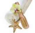 Body brush and roller rolled up towel and orchid flower isolated on white background. SPA composition with starfish Royalty Free Stock Photo