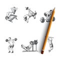 Body building - man making exercises with barbell in gym vector concept set Royalty Free Stock Photo