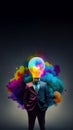 Body of businessman with colorful light bulb as head. Creativity in business concept. Dark background. Vertical Generative AI Royalty Free Stock Photo