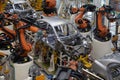 Body of car on conveyor top view. Modern Assembly of cars at the plant. The automated build process of the car body