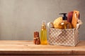 Body care and personal hygiene products on wooden table Royalty Free Stock Photo