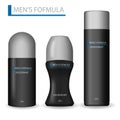 Body care products for men. Realistic Set of Black Cosmetics bottle can Spray, Deodorant, Roll-on and antiperspirant Royalty Free Stock Photo