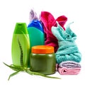 Body Care. Shampoo, soap, conditioner and towels stacked. Royalty Free Stock Photo