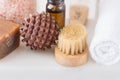 Body Care Spa Relaxation Cleansing Concept. Brush Handmade Coal Tar Soap Essential Oil Himalayan Salt Sandal Wood Massage Ball