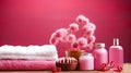 Body care and towels on a pink background. oils, body milk. Spa. Generative AI