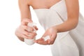 Body care - Young woman apply lotion Royalty Free Stock Photo