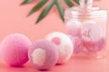 With body cosmetics, set of women`s cosmetics for body care, pink bath bomb, skin salt Royalty Free Stock Photo