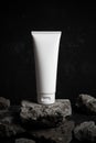 Body cream lotion bottle luxury packaging tube with stone rock concrete grunge on dark black background, aroma spa smell treatment Royalty Free Stock Photo