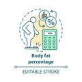 Body fat percentage check concept icon. Obese patient on scales idea thin line illustration. Person suffers from