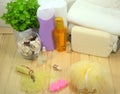 Body hygiene accessories. Body oils and gel, in bottles. Royalty Free Stock Photo