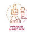 Body immobilization concept icon. Injury first aid, spinal trauma treatment, limb traumatism, bone fracture therapy thin