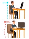 Body incorrect and correct, person sit correct or incorrect vector illustration