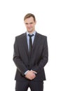 Body language. man in business suit isolated white