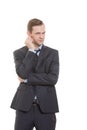 Body language. man in business suit isolated white