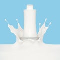 Body lotion in bottle body cream splash or shampoo over blue ba